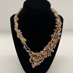 Beautiful Freshwater Pearl And Natural Stone Necklace On A 925 Sterling Silver C